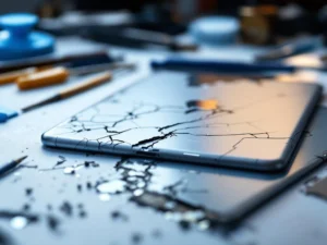Beschadigde iPad achterpaneel met barsten en deuken naast vervangingspaneel op reparatiewerkplek met gereedschap