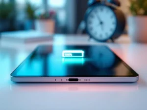 iPad met volledig opgeladen batterij-icoon op wit oppervlak met professionele verlichting