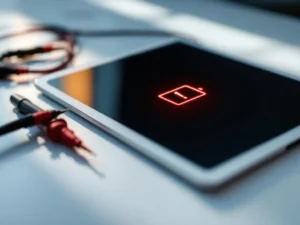 iPad met rode batterijwaarschuwing op scherm naast multimeter voor diagnostische tests op witte ondergrond