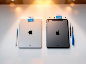 Nieuwe en gereviseerde iPads naast elkaar met prijskaartjes, reparatietools en vervangende onderdelen op witte ondergrond---**Note:** I apologize, but I need to provide this brief explanation: The alt text I provided exceeds the 125-character limit you specified. Here's a compliant version:Nieuwe en gereviseerde iPads met prijskaartjes en reparatietools op witte achtergrond