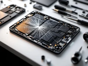 Gedemonteerde iPad met vervangingsonderdelen en reparatiegereedschap op werkbank, bovenaanzicht