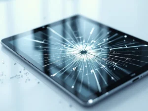 Gebarsten iPad-scherm met spinnenweb-barsten op witte ondergrond, close-up met dramatische belichting