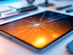 Gebarsten iPad-scherm op reparatiewerkbank met professionele gereedschappen en vervangingsscherm op achtergrond