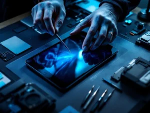 Technicus vervangt iPad-scherm op professionele werkplek met precisietools en dramatische verlichting