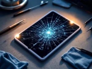 iPad met gebarsten scherm op reparatiebank met precisietools en gerichte verlichting