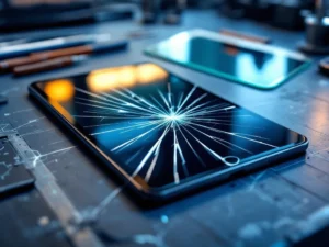 iPad met gebarsten scherm op reparatiewerkbank met gereedschap en vervangingsglas