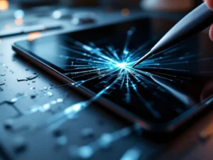 iPad met gebroken scherm op reparatiewerkplek met precisietools en LED-verlichting