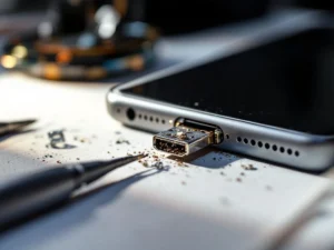iPhone Lightning-poort met beschadigde pinnen en vuil, met precisietools op reparatiewerkbank