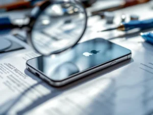 iPhone met Apple garantiedocument en professionele reparatietools op witte ondergrond met vergrootglas