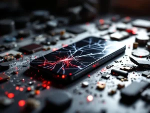 Gebarsten iPhone op werkbank omringd door namaakonderdelen met zichtbare defecten en waarschuwingskleuren