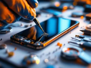iPhone reparatie in uitvoering met precisie gereedschap, snelle professionele service met oranje en blauwe verlichting