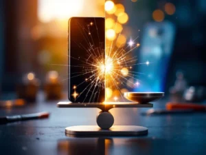 Kapot iPhone-scherm naast nieuwe telefoon op weegschaal met euro symbolen, reparatie versus vervangen beslissing