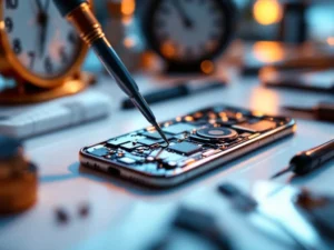 iPhone reparatie op professionele werkbank met precisie gereedschap en interne componenten zichtbaar
