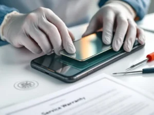 Technicus met antistatische handschoenen installeert iPhone-scherm op servicebalie met garantiecertificaat en gereedschap